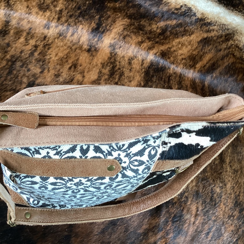 ANN GOTI Cowhide Canvas Zipper Top Crossbody Handbag - Picture 5 of 10